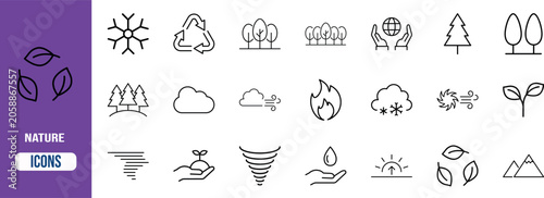 Natural environment weather line icons. leaf icon set, tree icon set, recycle icon set