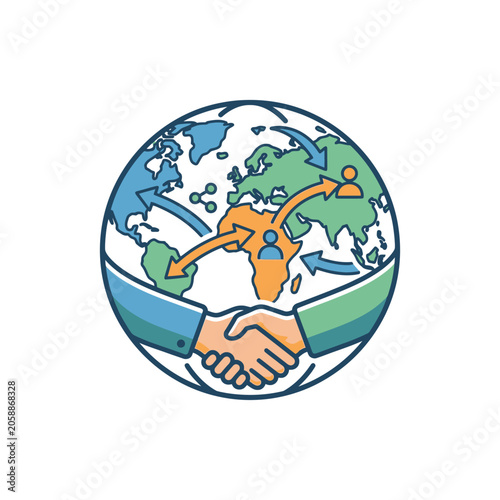 Global handshake with connection arrows on earth map
