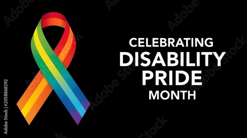 Rainbow ribbon on dark background, celebrating disability pride month 2026, representing support, inclusivity, and awareness for the community