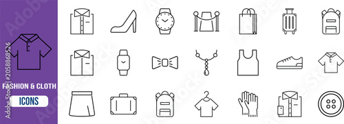 Fashion clothing accessories line icons. shirt icon set, shoe icon set, watch icon set