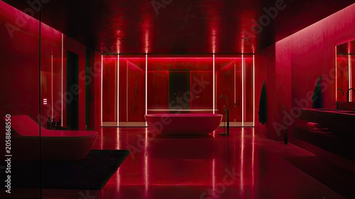 Modern, crimson bathroom with sleek, minimalist design.