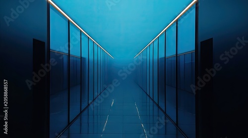 Modern, deep-blue corridor, reflecting a futuristic interior.
