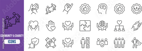 Community and charity outline icons. hands icon set, heart icon set, people icon set