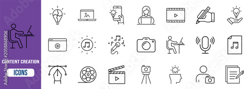 Digital content creation vector icons. camera icon set, microphone icon set, laptop icon set