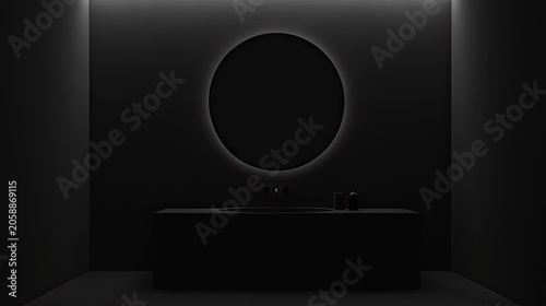 Dark, minimalist bathroom interior design featuring a circular mirror.