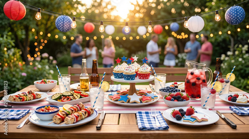 patriotic party table with cupcakes cookies and grilled food for fourth of July celebration
