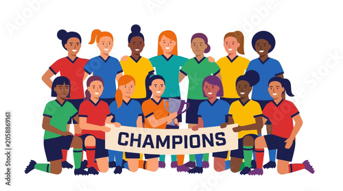 Slika na platnu Diverse female soccer team celebrating being champions, proudly holding a trophy and CHAMPIONS banner, isolated white background
