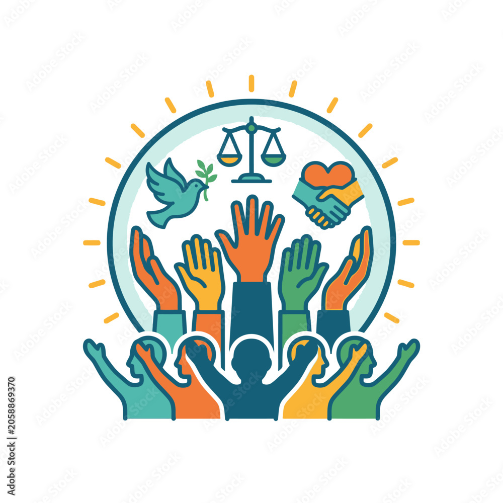 Fototapeta premium Many hands raised with peace and justice symbols.