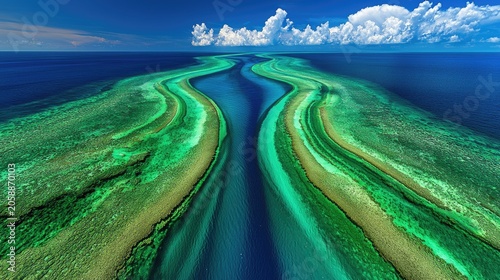 Vibrant coral reef formations winding through a vast ocean expanse.