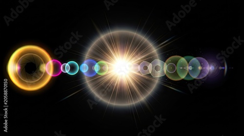 Colorful orbital paths of planets and celestial light effects