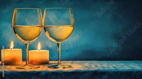 Two elegant wine glasses filled with golden liquid, beside lit candles.
