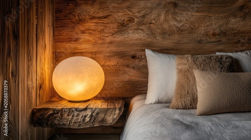 Warm, inviting bedroom corner with wooden accents and soft lighting.