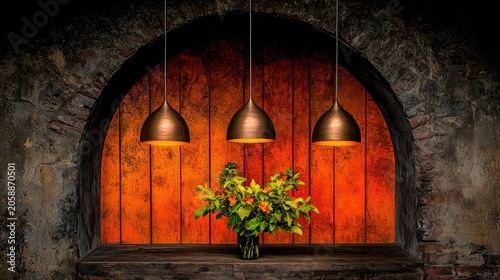 Three copper pendant lights illuminating a rustic wooden alcove.
