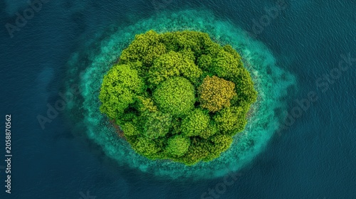 A verdant, circular island rising from deep ocean waters.