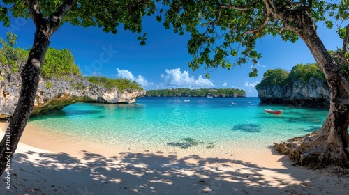 Tropical paradise cove with turquoise water and lush vegetation.