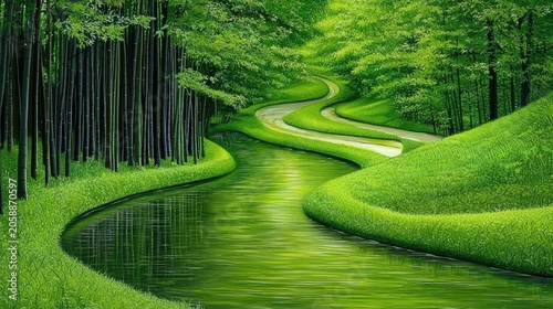 Serpentine pathway through lush green foliage and water.