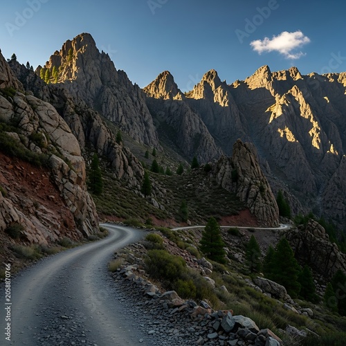 Winding gravel road ascends rugged, sun-drenched mountains under a clear blue sky