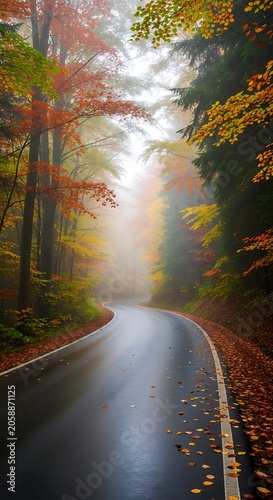 Winding, misty autumn road through vibrant, colorful, fog-kissed forest