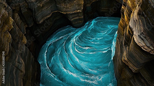 Intricate waterway winding through a dark rocky cavern.