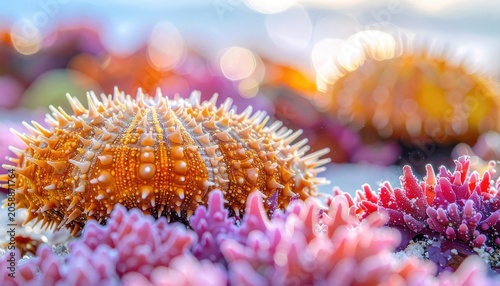 Close-up of a Sea Urchin surrounded by colorful coral reefs underwater.
