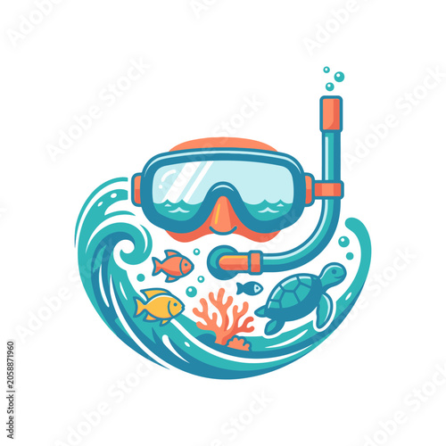 Diving mask with ocean waves and turtle aquatic illustration.