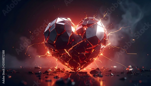 Dynamic shattered geometric heart emitting fiery red energy and sparks on a dark smoky reflective background conceptual