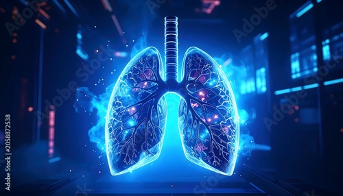 Glowing neon blue digital human lung with fiber optics symbolizing futuristic medicine and health technology
