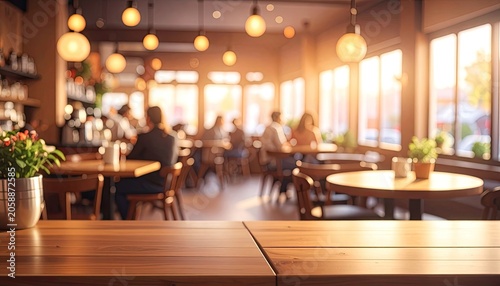Cozy Cafe Interior with People Enjoying Warm Sunlight and Coffee.