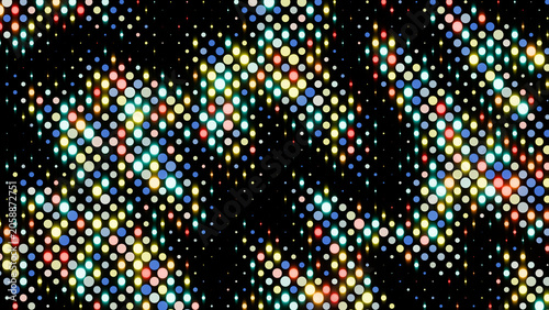 Digital vintage colored dots in dynamic pattern on a black background