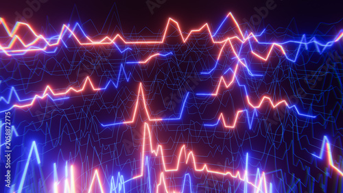 Foto Red and blue neon stock market charts fluctuating on dark background, visualizin