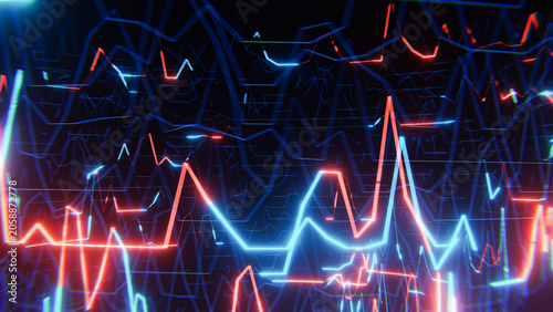 Εκτύπωση καμβά Red and blue neon stock market charts fluctuating on dark background, visualizin