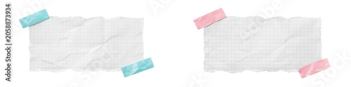 Collection of torn notebook paper notes with colorful adhesive tape isolated on white background, scrapbook and stationery mockup set