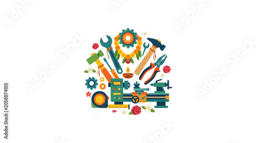 Mechanical Tools and Decorations Arranged in Circle, Vishwakarma Puja Concept