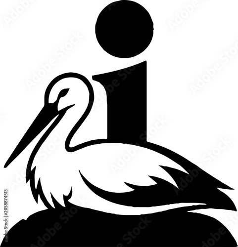 Black and white illustration of a stork with a person silhouette.