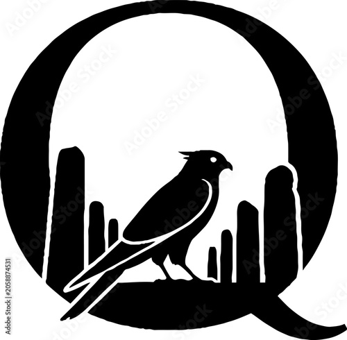 Silhouette of a bird perched on a cactus branch.