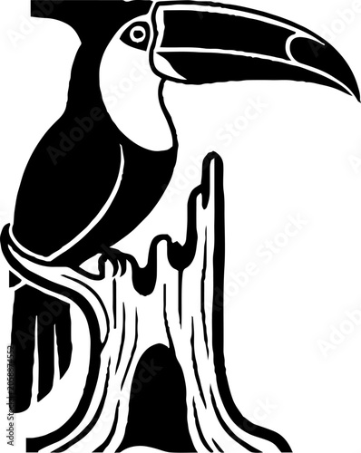 Toucan perched on a tree stump illustration.