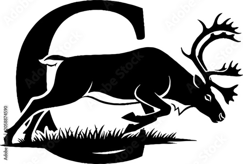 Majestic reindeer silhouette with large antlers running.