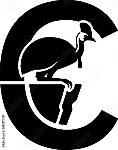 Black and white bird perched on letter C design.