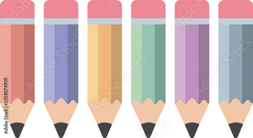 Cute Flat Design Pastel Colored Pencil Collection Set in Pink Purple Yellow Green and Gray Colors for School and Education Design