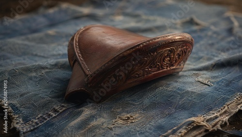 cantle. A solitary saddle cantle resting on worn denim fabric, symbolizing a journey's pause. mobility guides, transit brochures, designed for transport & logistics marketing.
