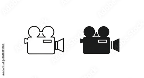 Black vintage film camera icons with lens flare