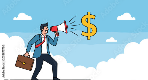 Happy businessman in a suit shouting through a megaphone to announce financial profits and lucrative money opportunities.