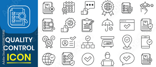 Quality control icons. Outline icon of quality control, evaluation, product, compliance, improve, testing, precision, satisfaction, quality assurance, process, testing and more. Vector illustration.
