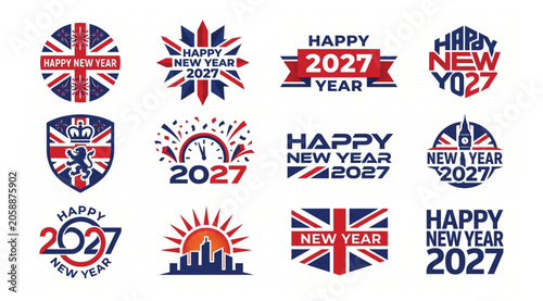 Bilde på lerret British themed happy new year 2027 label and badge collection with union jack bi