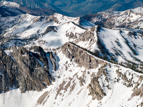 Aerial view of Idaho’s Sawtooth mountains with snow