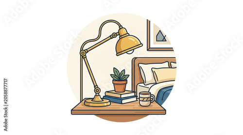 Photos Desk lamp on a nightstand next to a bed.