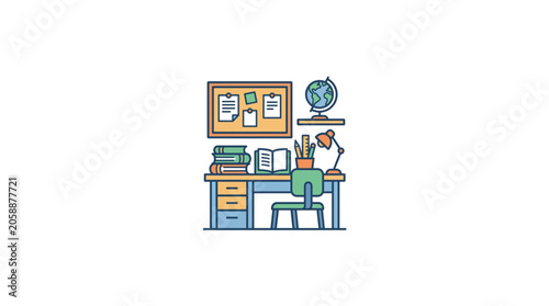 Desk with books and globe for learning and education.