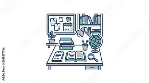 Desk with books and globe for learning and studying.