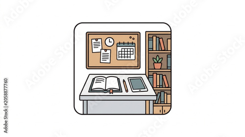 Desk with books calendar and corkboard illustration.