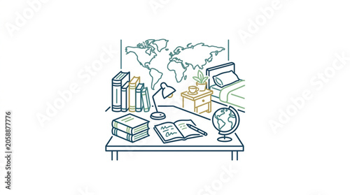 Desk with books lamp globe and world map illustration.